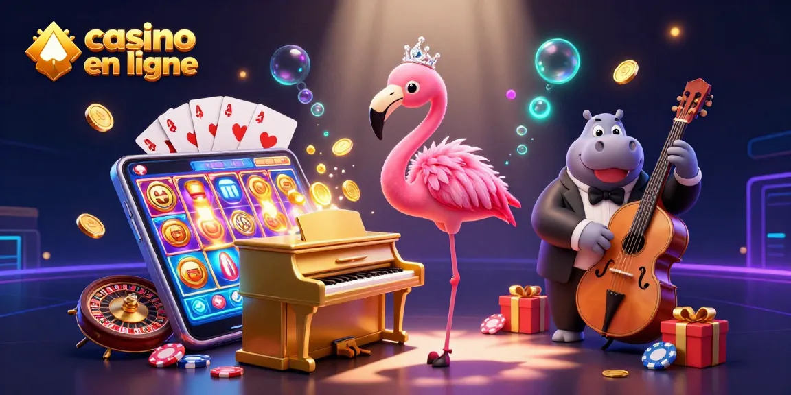Illustration dynamique représentant des jeux de casino en ligne avec chanteuse flambante et musiciens, créant une atmosphère captivante.