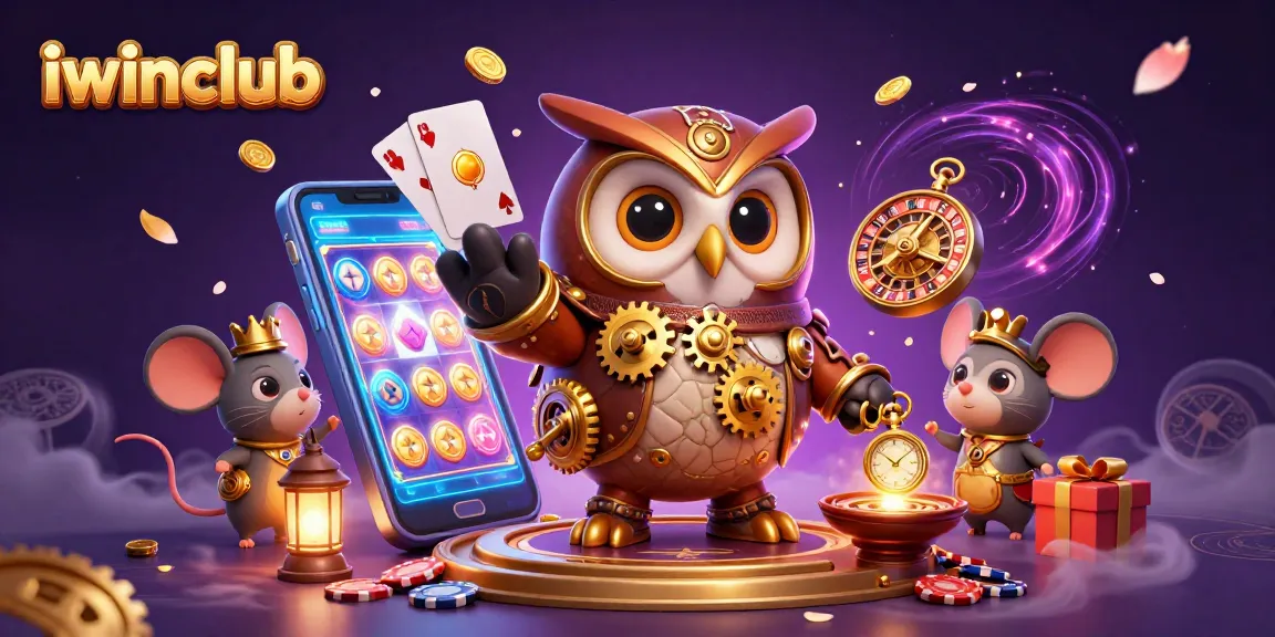 iwinclub showcases a steampunk owl and mouse surrounded by vibrant casino elements.