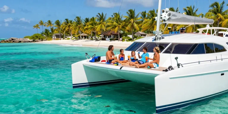 Exciting yacht rental Punta Cana experience with family on a luxury catamaran, clear waters and vibrant scenery.