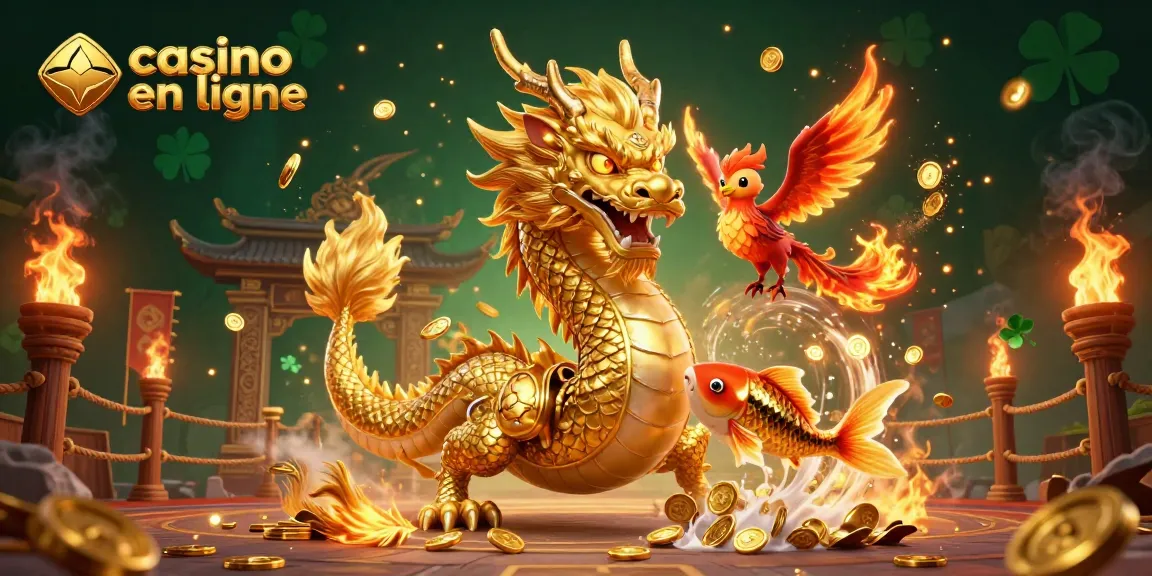 Plongez dans l'univers des casinos en ligne en découvrant cette illustration captivante avec un dragon doré et un poisson chanceux.