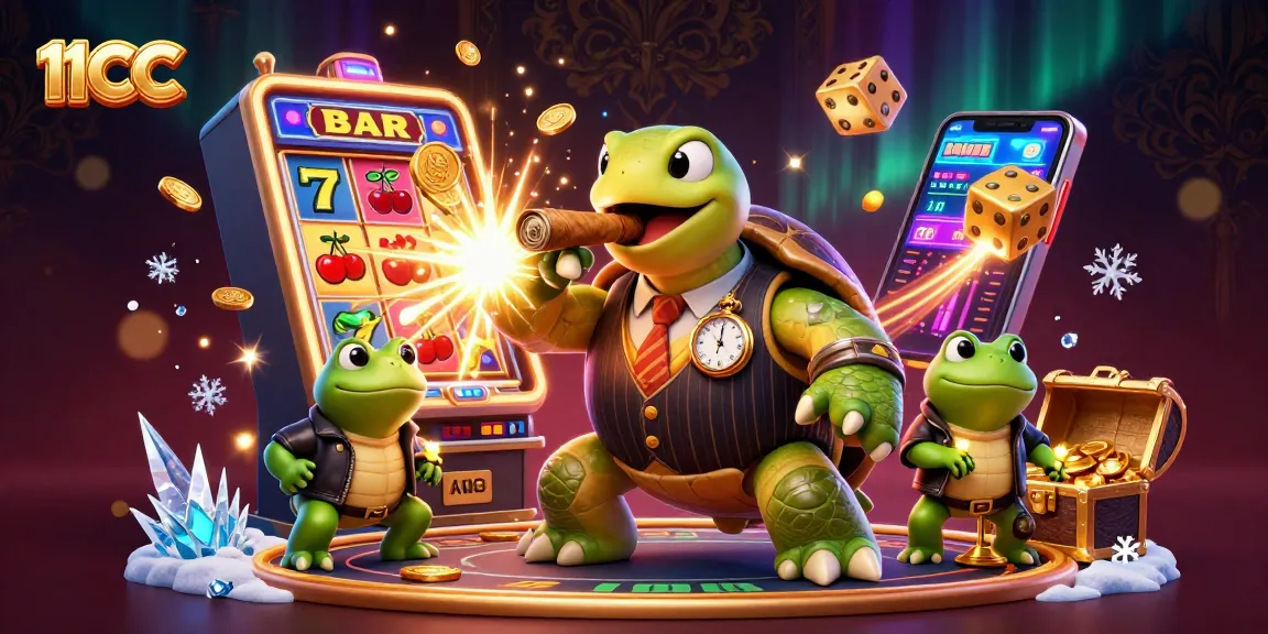 Experience thrilling wins at 11CC with a whimsical illustration of a massive turtle and bullfrog enforcers amid jackpot chaos.