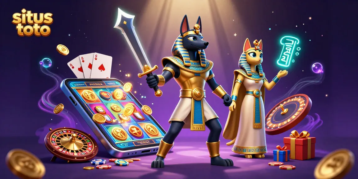 Memenangkan jackpot di situs toto dengan Anubis dan Bastet dalam ilustrasi kasino yang kaya detail.