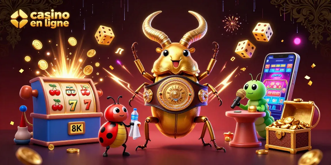 Jouez à casino en ligne avec une illustration 3D colorée de personnages et de machines à sous.