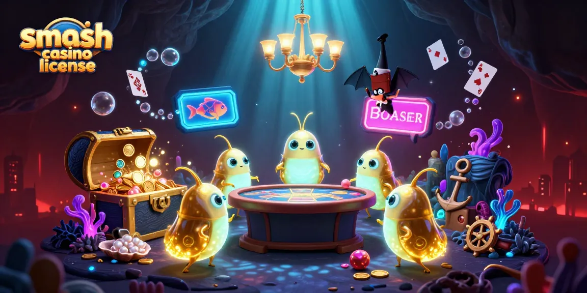 Dévoilez la licence de smash casino tandis que des vers luisants illuminent un casino sous-marin animé.