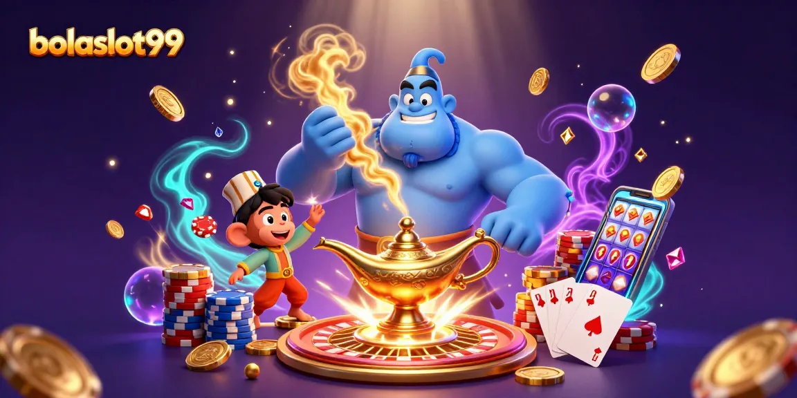 Engage with bolaslot99 and explore a vibrant 3D casino world with a genie and poker chips.