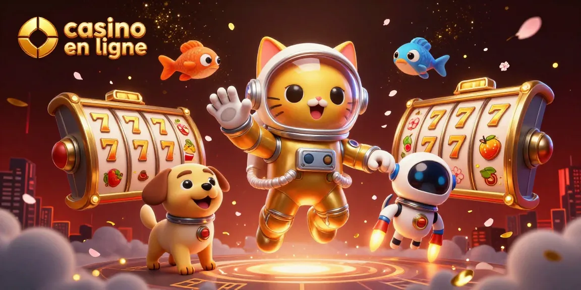 Illustration dynamique de casino en ligne avec un chat astronaute et des éléments de jeux riches en couleurs.