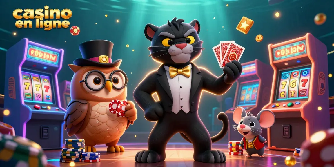 Illustration dynamique avec une panthère élégante, une chouette et une souris, sur un casino en ligne rempli de jeux et de jetons.