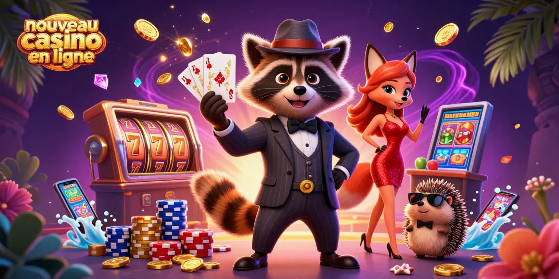 Visualisez un nouveau casino en ligne avec un raton laveur gentleman, une renarde glamour, et un hérisson videur, entourés de jets d'argent.