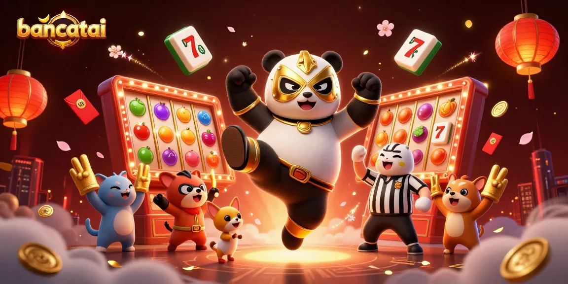 Bancatai slot game scene featuring a panda wrestler flying into action, surrounded by vibrant game elements