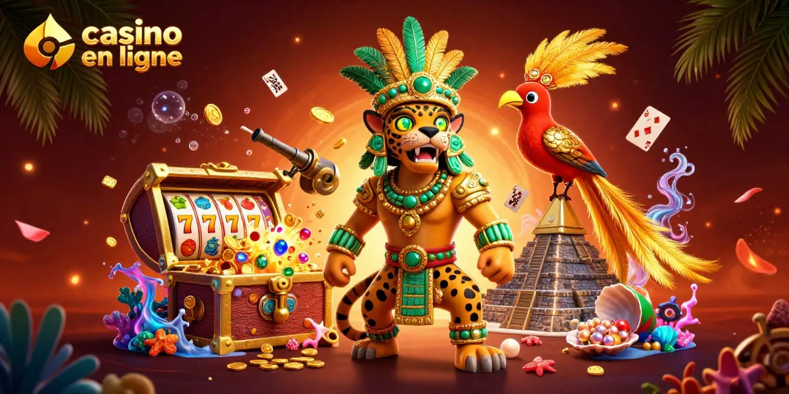 Illustration captivante d'un casino en ligne avec un prêtre jaguar et un oiseau quetzal, inspirant la chance.