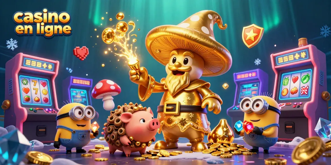 Illustration dynamique présentant un casino en ligne animé avec un magicien champignon et un cochon au trésor.