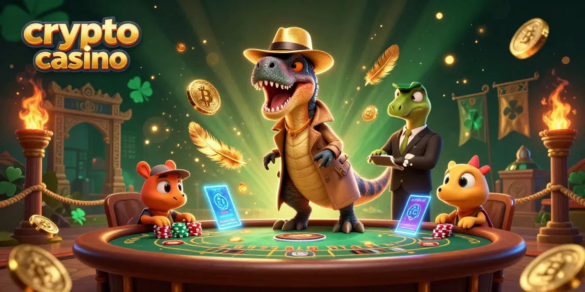Illustration d'un casino crypto avec des personnages dinosaures, jetons et éléments blockchain.