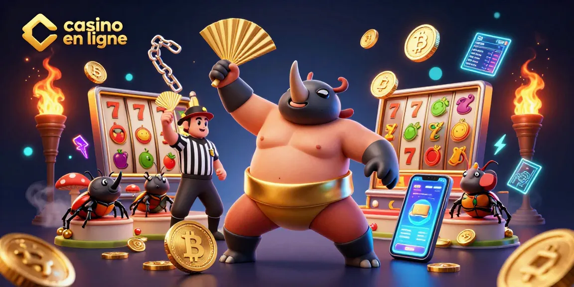 Illustration dynamique d'un champion sumo scarabée en or, représentant un casino en ligne, avec des pièces volantes et des rouleaux de machines à sous.