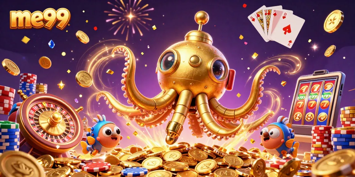 Experience exciting gaming with me99, featuring a golden kraken submarine amid golden coins and vibrant casino elements.
