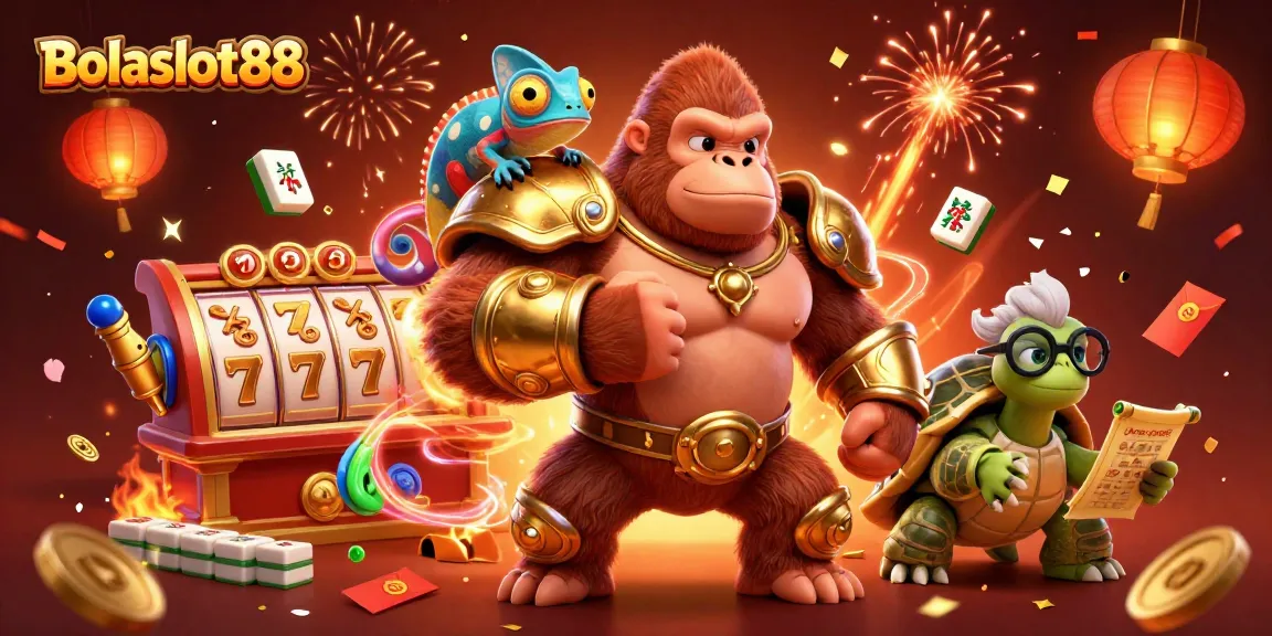 Bolaslot88 showcases a vibrant 3D scene featuring a gorilla king in battle armor, symbolizing excitement in slots.