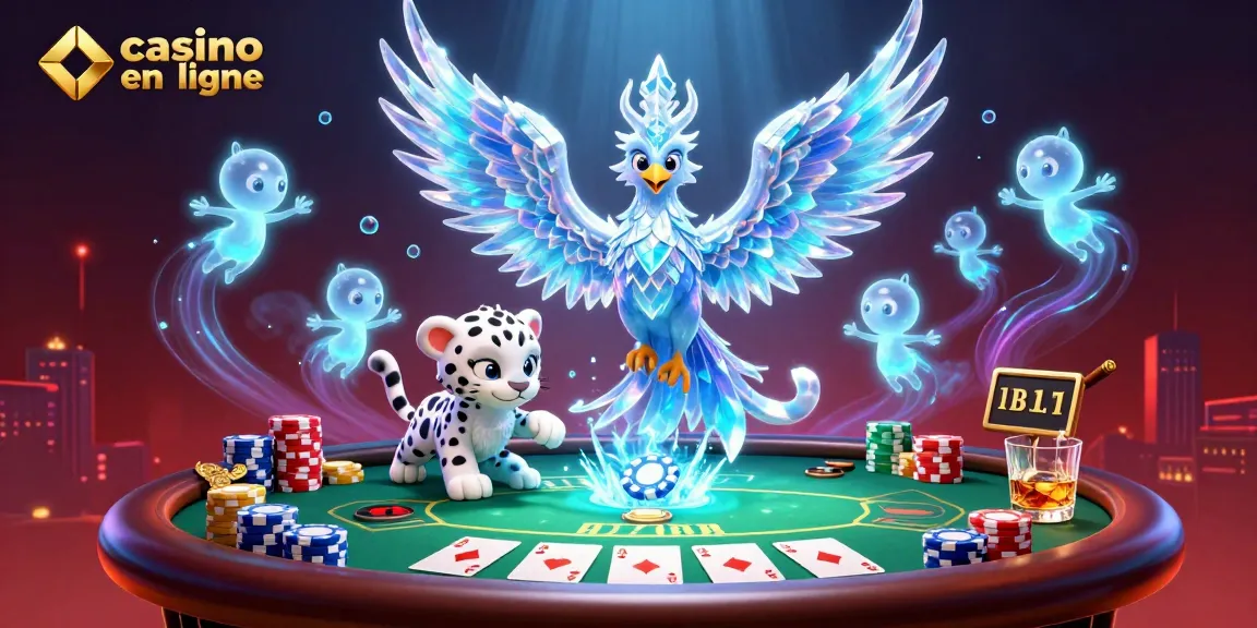 Une scène dynamique de casino en ligne montrant un phoenix de glace et un petit léopard des neiges jouant avec des jetons de poker.