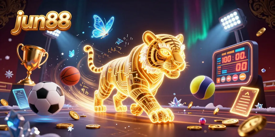 Join the excitement with jun88 as the neon-wireframe golden tiger explores a vibrant digital casino.