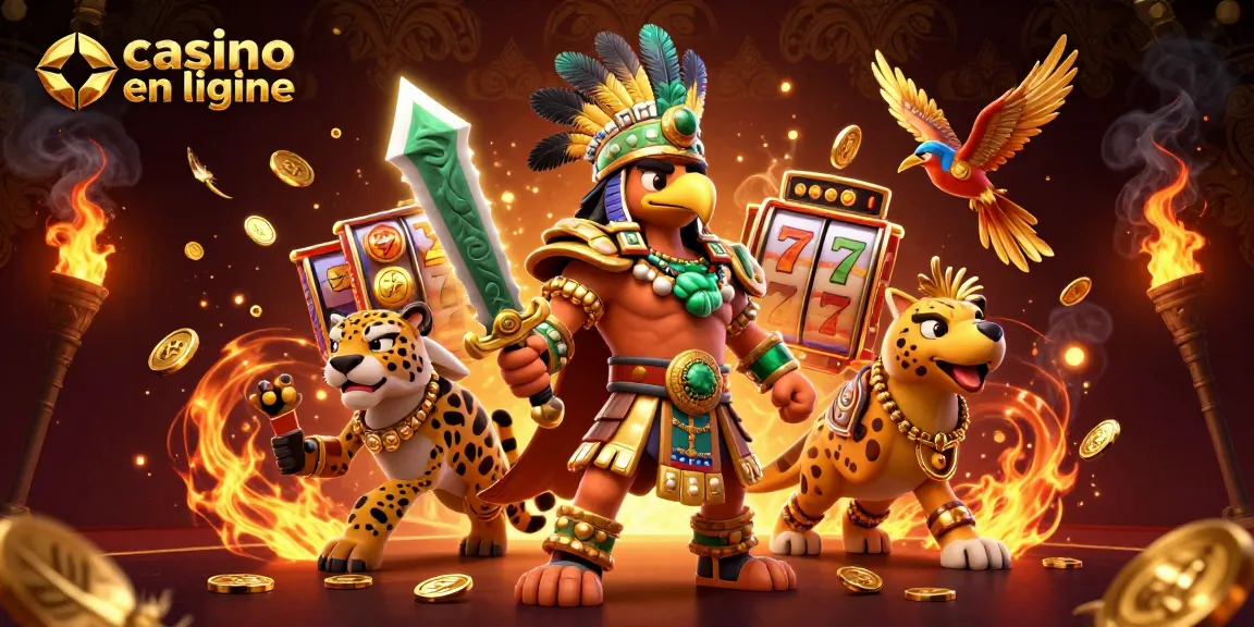 Jouer au casino en ligne avec des symboles de machines à sous et des pièces d'or autour de guerriers aztèques.