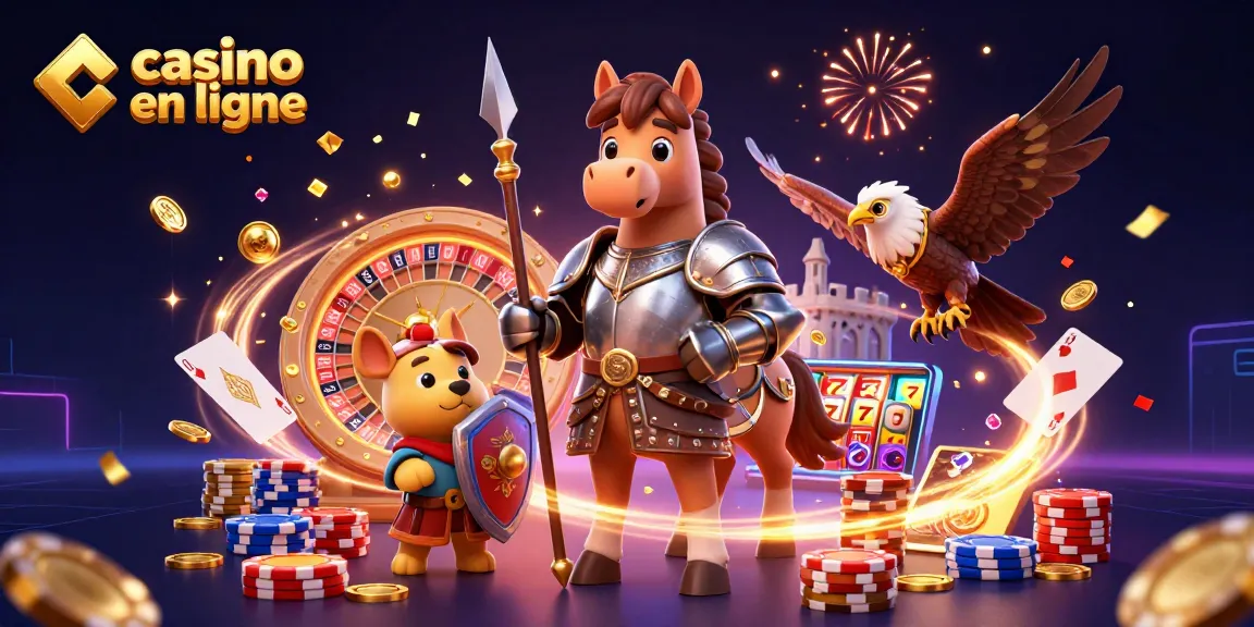 Illustration dynamique mettant en avant le casino en ligne avec un chevalier médiéval et des éléments de jeu.