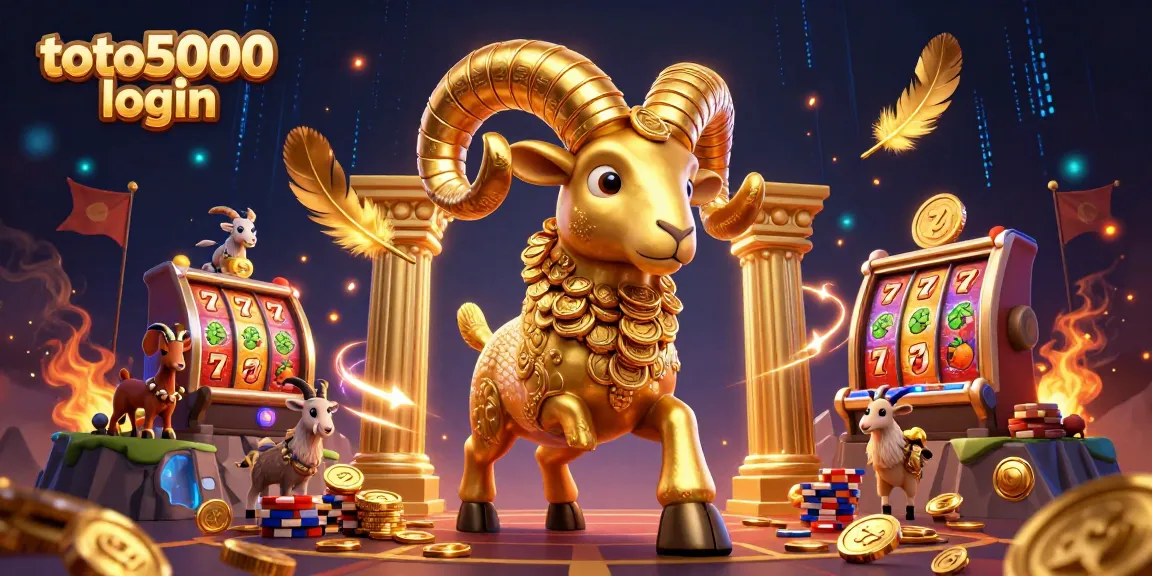 Engage in thrilling gameplay with toto5000 login, showcased by a charging golden ram amidst vibrant casino elements.
