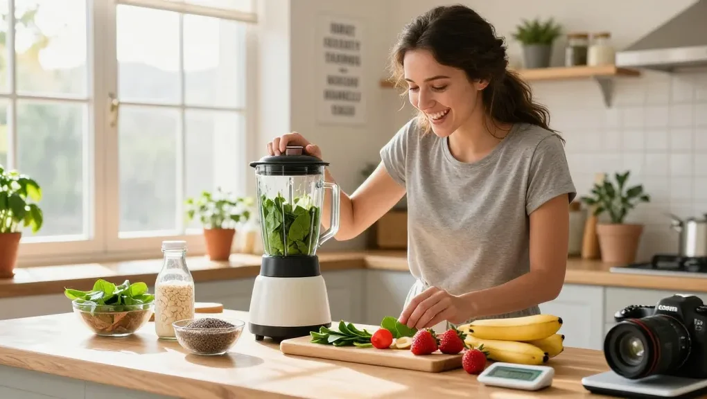 Healthy breakfast smoothie preparation showcasing the best calorie tracker in a bright kitchen.
