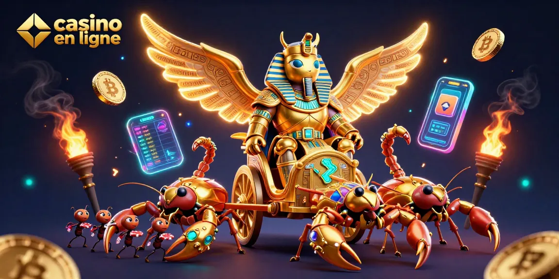 Un jeu captivant dans un casino en ligne avec un scarabée doré spectaculaire et des pièces de crypto-monnaie.