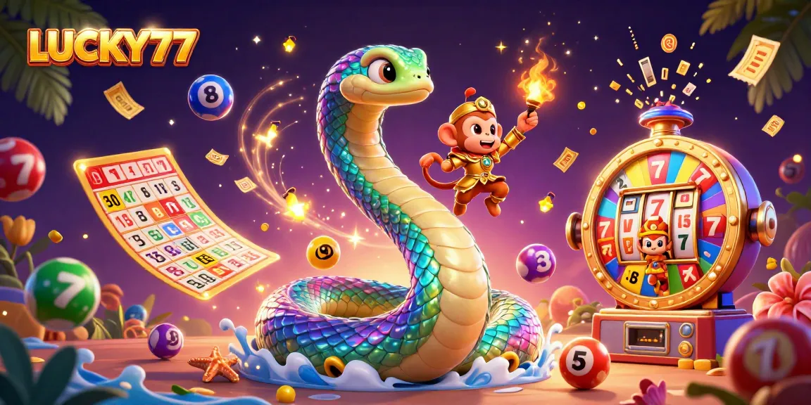 LUCKY77 showcases vibrant lottery-themed illustration with magical symbols and gaming elements.