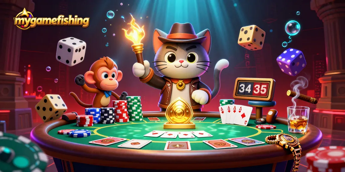 Engage in mygamefishing with a vibrant casino scene depicting an archaeologist cat exploring a golden artifact.