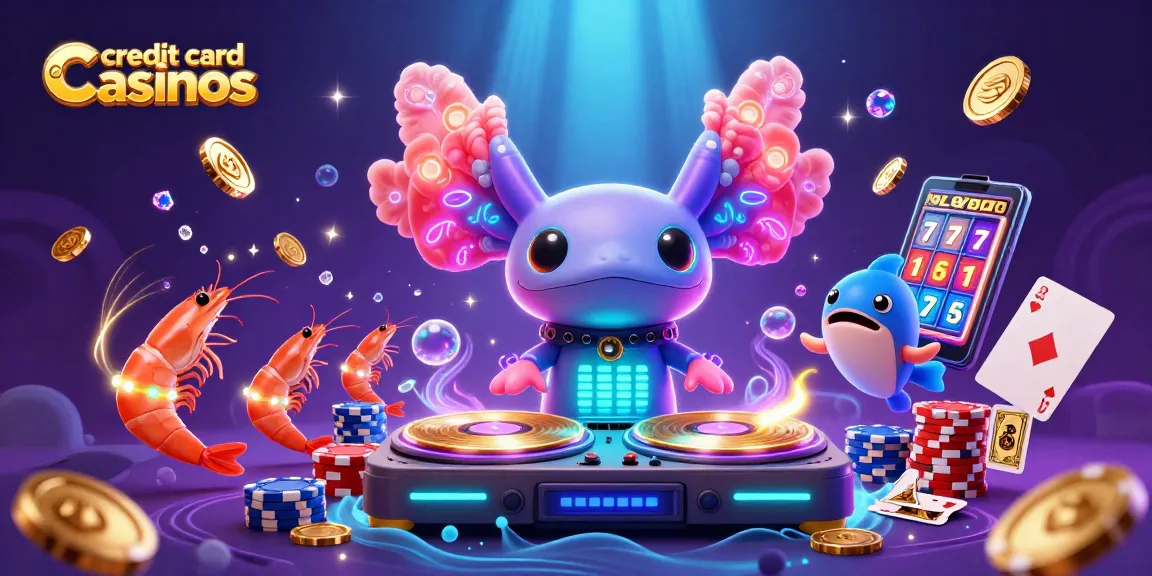 Spin and win big at credit card casinos with a vibrant 3D illustration of an axolotl DJ and colorful gambling themes.