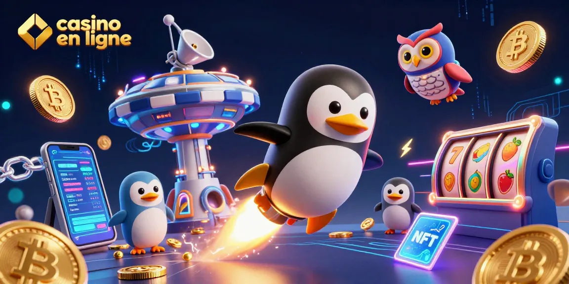Jouez dans le casino en ligne avec un pingouin doré et des éléments de crypto-monnaie dynamiques.