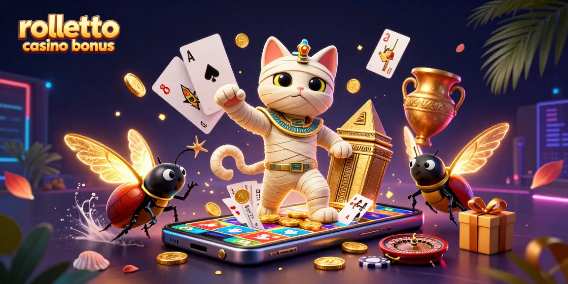 Profitez du bonus Rolletto casino avec un chat momie égyptien et des éléments de jeu exemplaires.