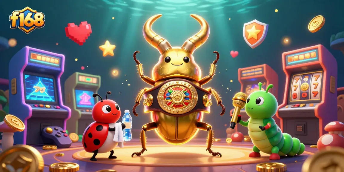 Experience f168 excitement with a golden stag beetle in a casino-themed boxing scene.