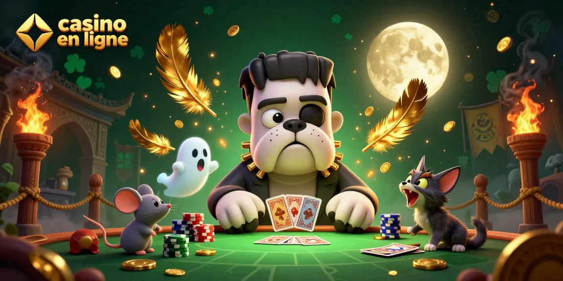 Un jeu captivant au casino en ligne où un bulldog Frankenstein distribue des cartes avec des fantômes et un petit félin.