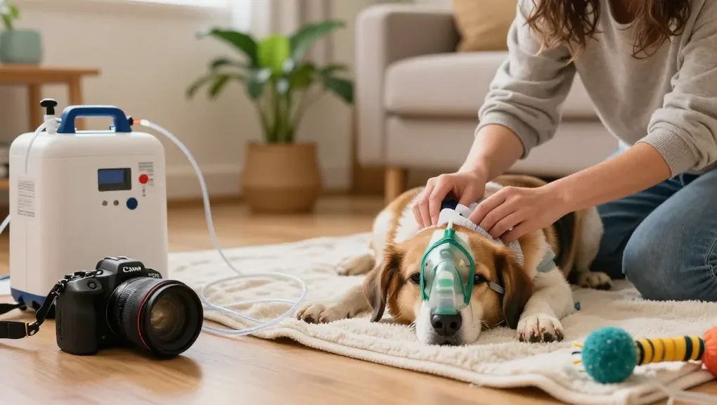 PetAir oxygen therapy setup for a dog at home, showcasing comfort and care.