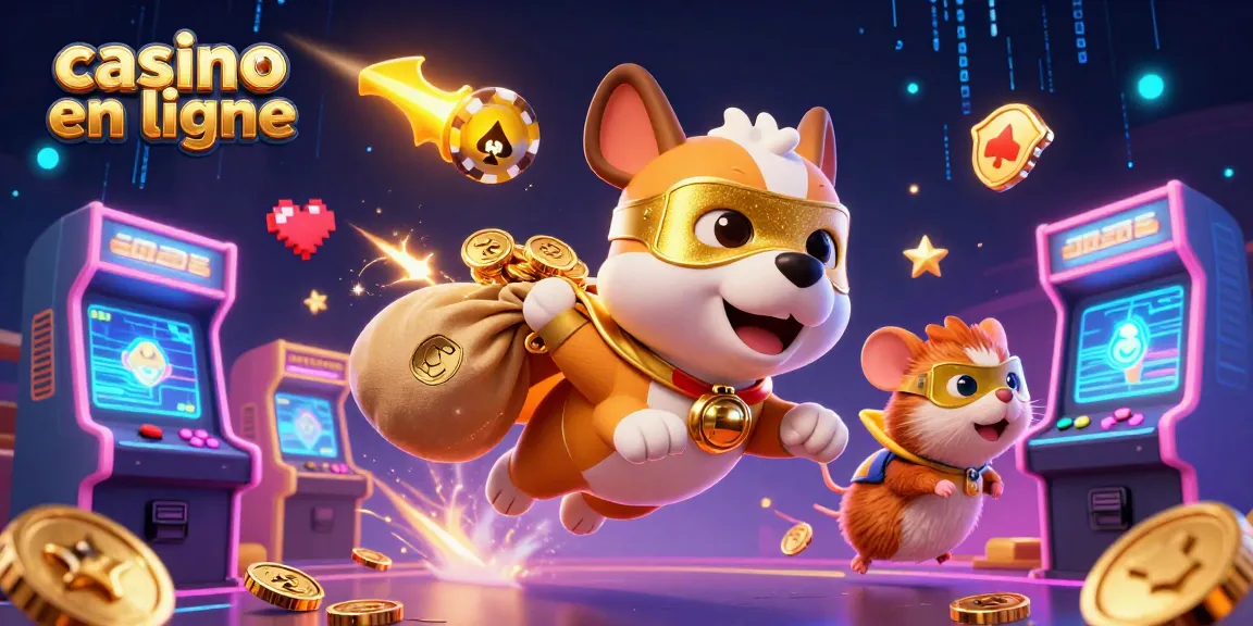 Illustration illustrant un chien super-héros volant avec des pièces d'or, symbole de poker et ambiance casino en ligne.