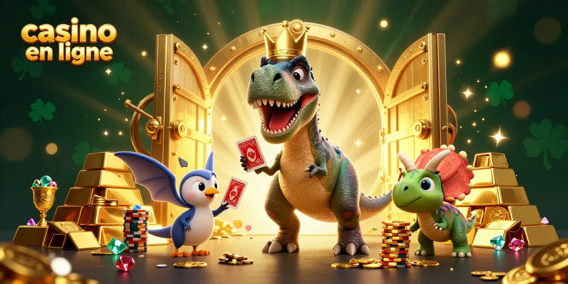 Jouer au casino en ligne avec des personnages de dinosaures emballés d'or et de joyaux.
