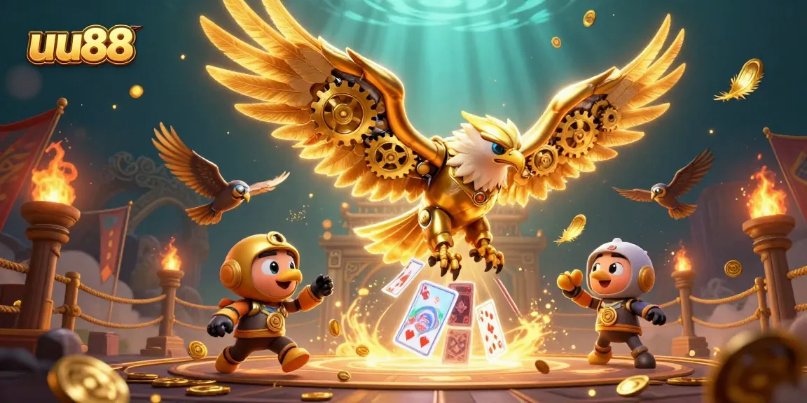 Experience thrilling wins at uu88 with a 3D illustration of cybernetic eagle diving through holographic cards.