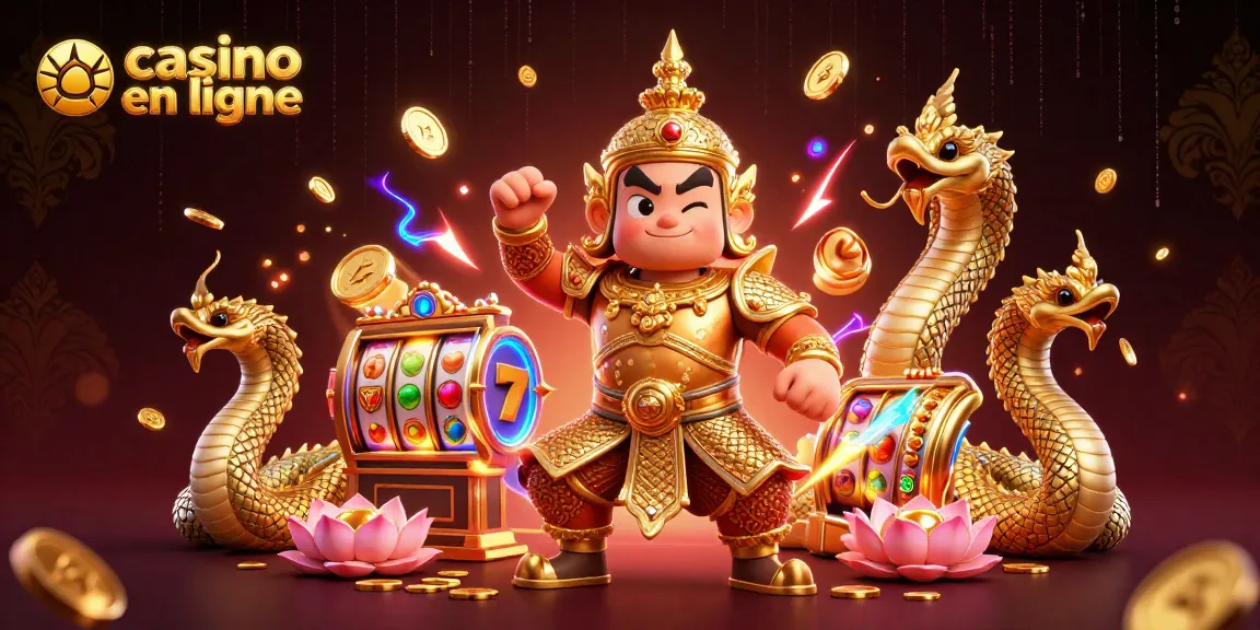 Illustration dynamique de casino en ligne mettant en scène un gardien thaï et des éléments de jeu.