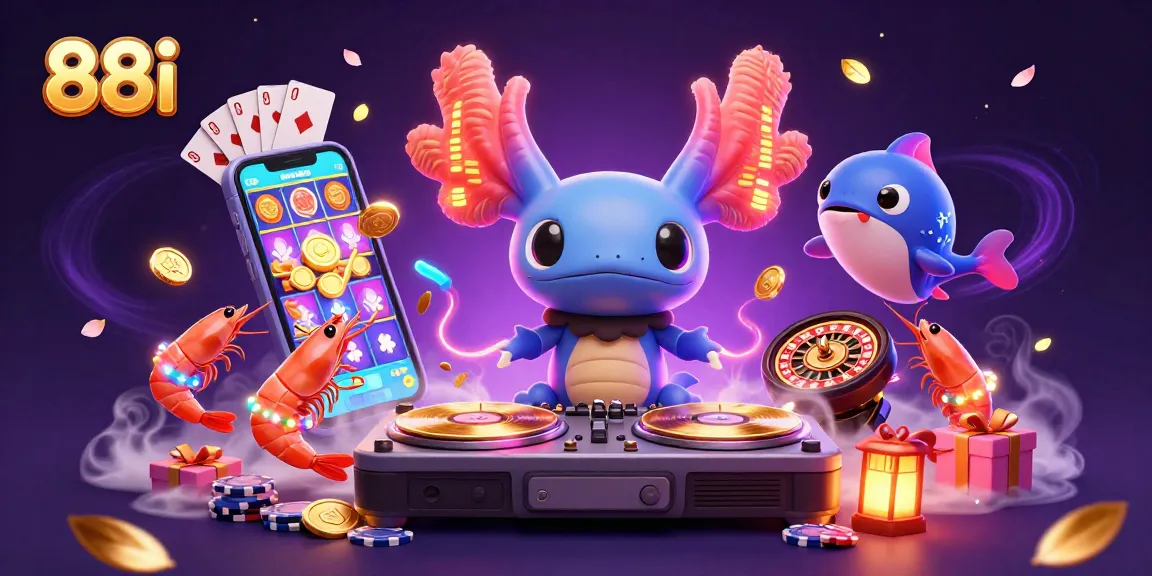 Engage with the vibrant 88i casino scene featuring a lively axolotl DJ and energetic underwater characters.