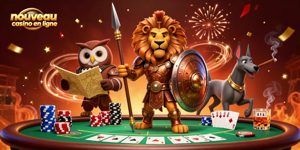 Illustration dynamique de lion spartiate en armure dans un nouveau casino en ligne riche en jeux.