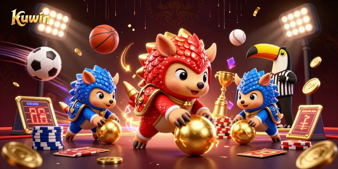 Kuwin pangolins compete in a dynamic scene with sports elements, showcasing exciting gaming action.