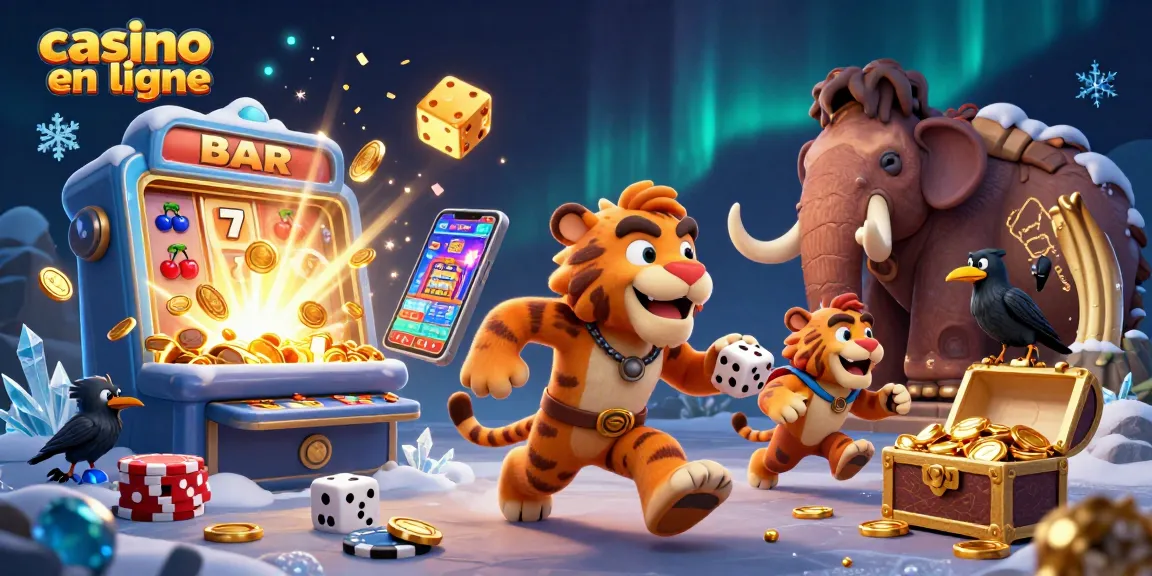 Gagnez aux jeux du casino en ligne dans une illustration animée de l'homme des cavernes et du tigre à dents de sabre.