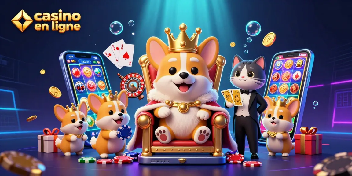 Plongez dans l'univers du casino en ligne avec le corgi royal sur son trône de jetons.