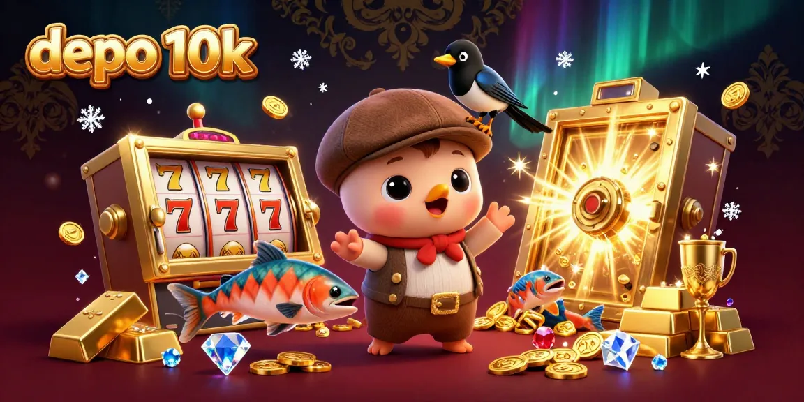 Celebrate victories with depo 10k in this vibrant casino scene featuring playful characters and slot gaming excitement.
