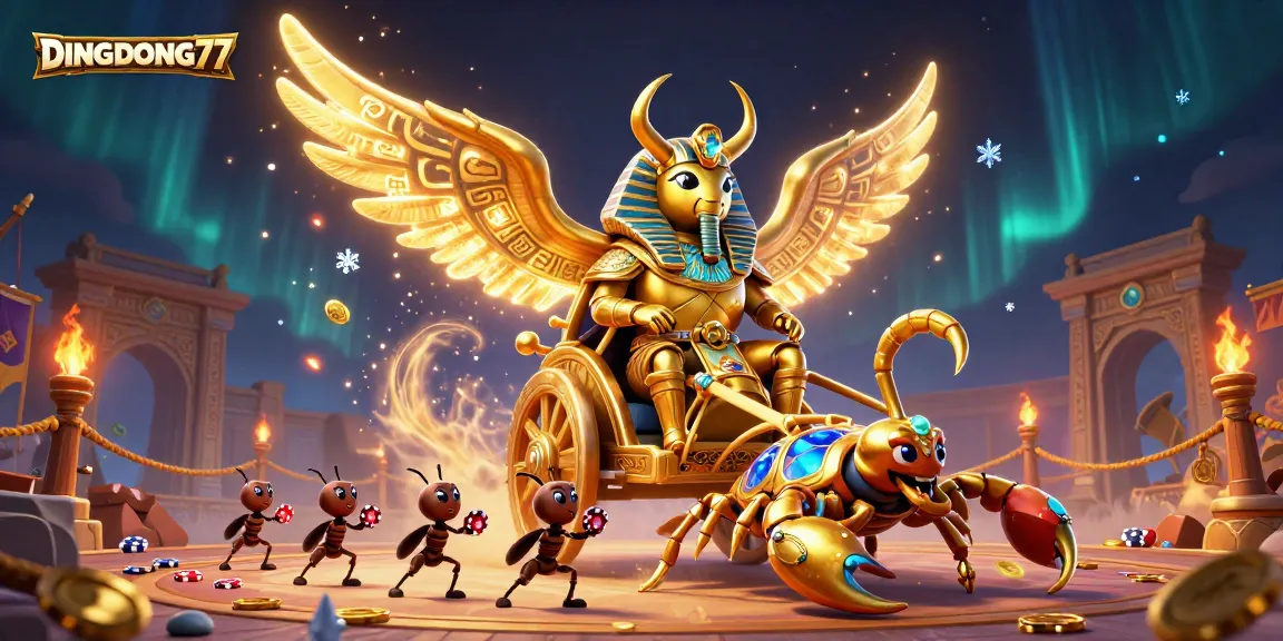 Experience the thrilling excitement of DINGDONG77 with a chariot race of iconic characters in a casino arena.