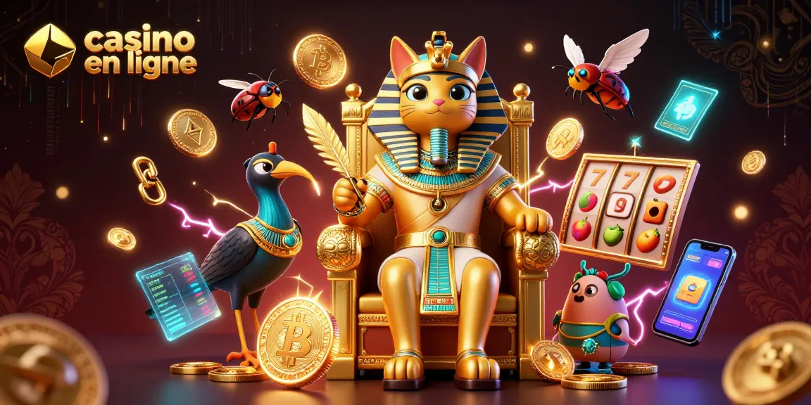 Illustration captivante sur le casino en ligne avec un pharaon et un ibis, entourés de symboles gagnants.