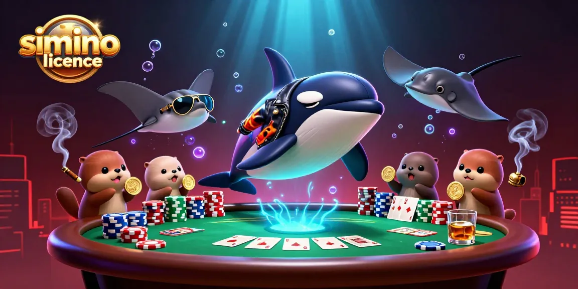 Vivez l'expérience de la licence de casino Simsinos avec des personnages marins captivants entourés de jeux de cartes.