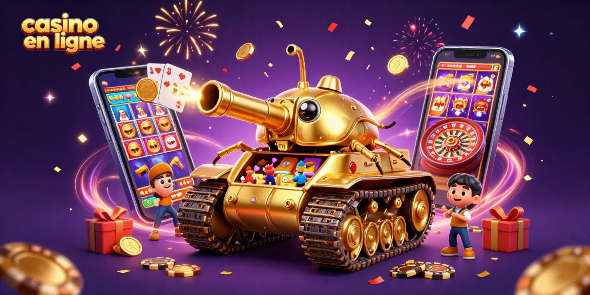 Image animée de casino en ligne avec un tank en or et des jeux de casino, ambiance festive.