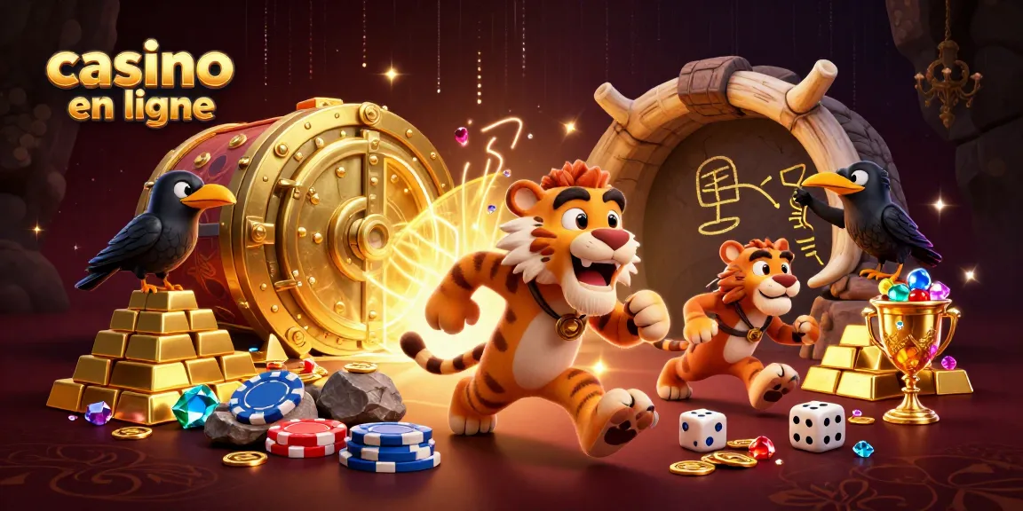 Illustration dynamique d'un casino en ligne avec un duo préhistorique et un corbeau astucieux.