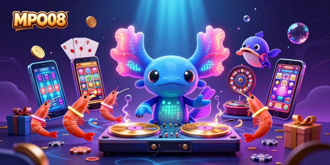 MPO08 showcases vibrant and engaging gaming with a neon axolotl DJ, slot games, and lively sea creatures.